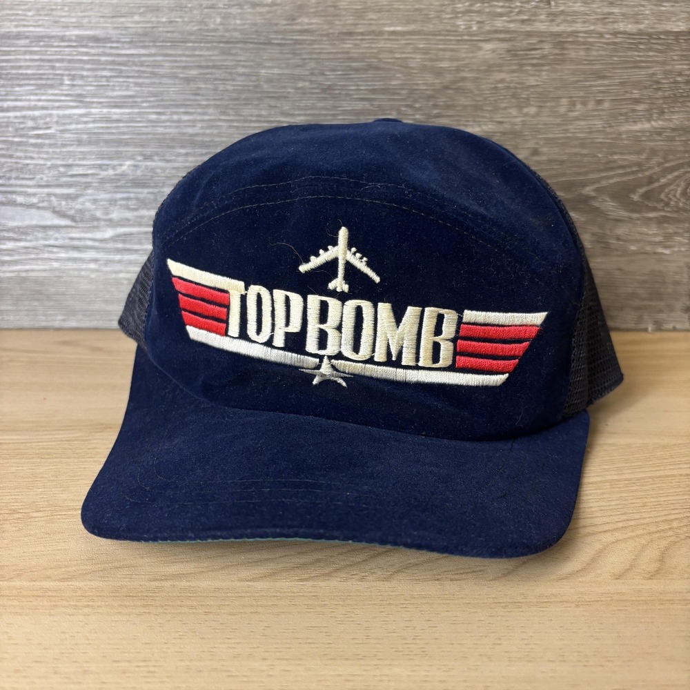 Vintage Top Bomb Hat Cap Snap Back Blue Mesh Trucker Embroidered Mens 80s